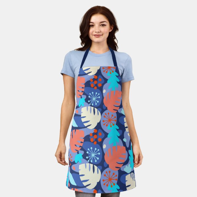 Mod Monstera Leaf Abstract Hawaiian Tropical -Navy Apron (Worn)