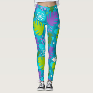 Mod Monstera Leaf Abstract Hawaiian Tropical -Teal Leggings