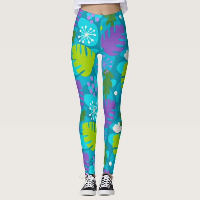 Mod Monstera Leaf Abstract Hawaiian Tropical -Teal Leggings (Front)