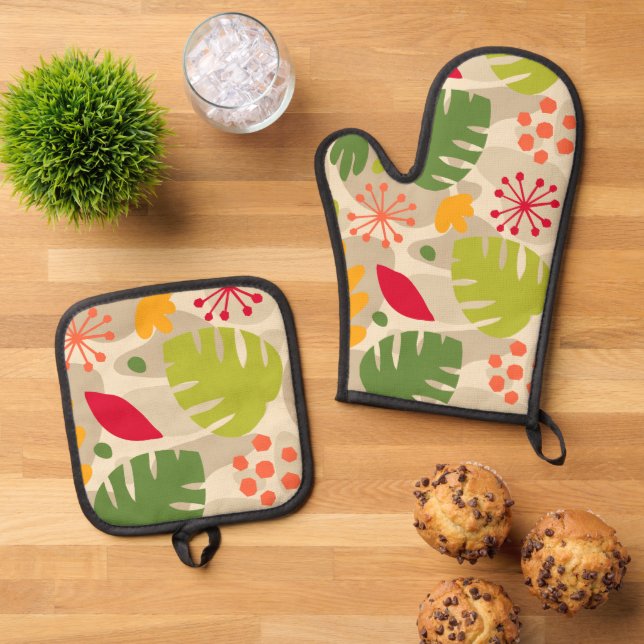 Mod Monstera Leaf Abstract Hawaiian Tropical -Warm Oven Mitt & Pot Holder Set (Top Down)