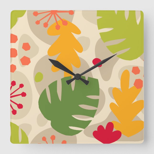 Mod Monstera Leaf Abstract Hawaiian Tropical -Warm Square Wall Clock (Front)