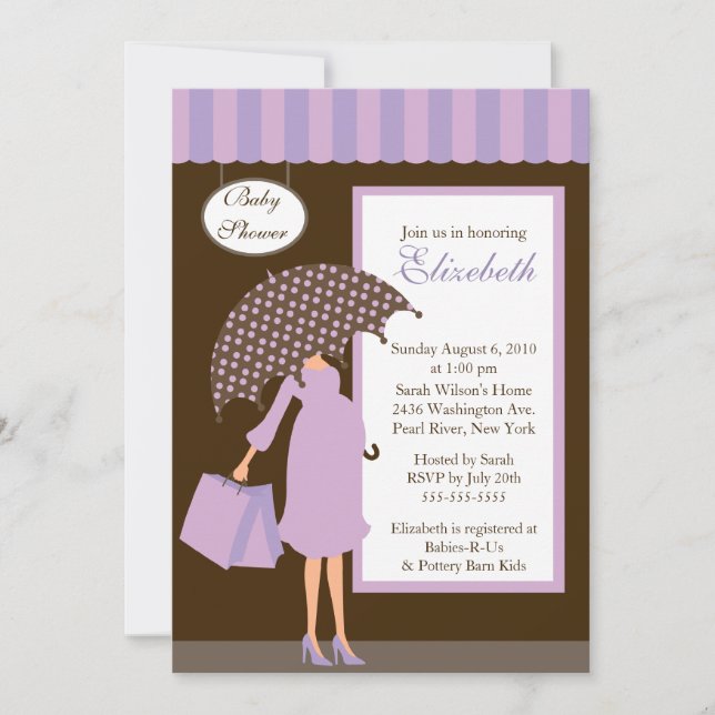 Mod Mum Baby Shoppe Baby Shower Purple Invitation (Front)