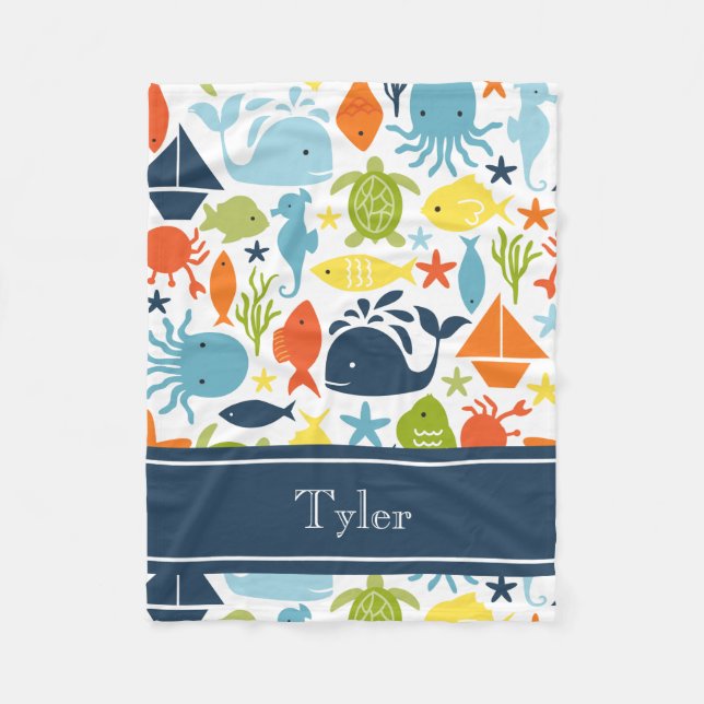 Mod Ocean Creatures, Sea Animals, Nautical Custom Fleece Blanket (Front)