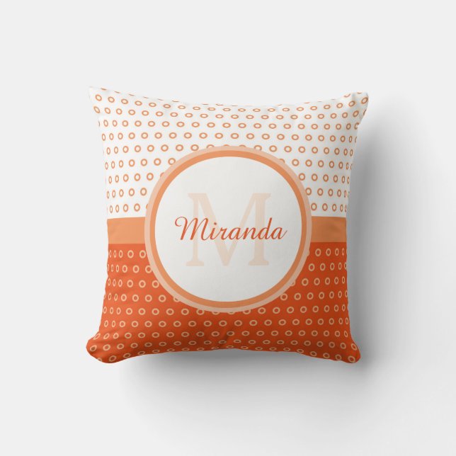 Mod Orange and White Polka Dots Monogram With Name Cushion (Front)