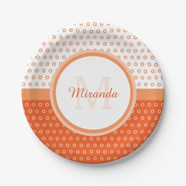 Mod Orange and White Polka Dots Monogram With Name Paper Plate (Front)