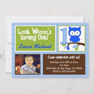 mod owl 1st birthday photo invitation for boys