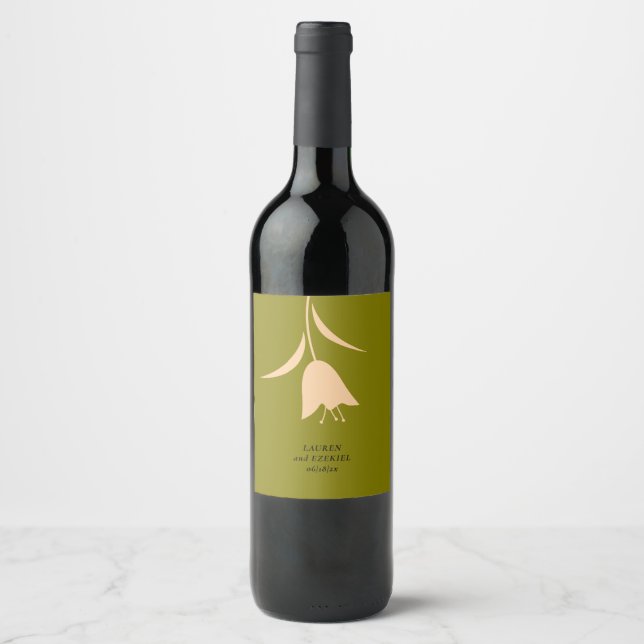 MOD PEACH & OLIVE TULIP WEDDING WINE LABEL (Front)
