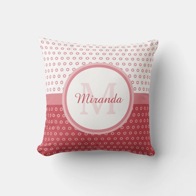 Mod Pink and White Polka Dots Monogram With Name Cushion (Front)