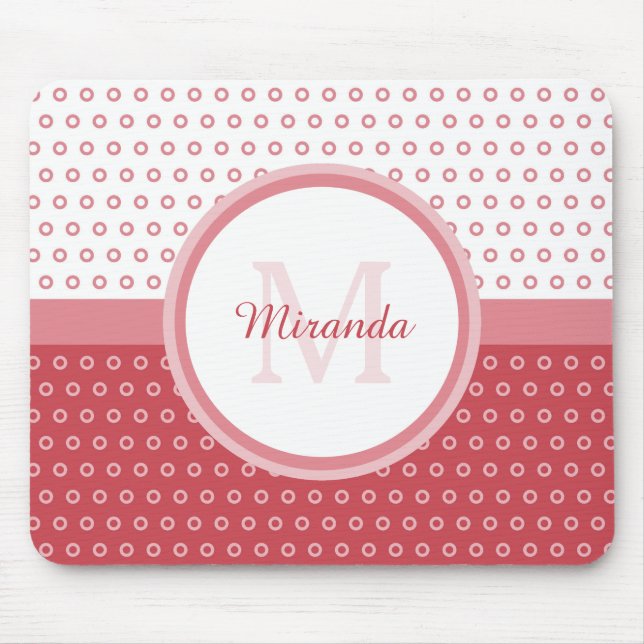 Mod Pink and White Polka Dots Monogram With Name Mouse Pad (Front)