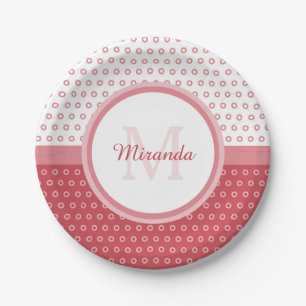 Mod Pink and White Polka Dots Monogram With Name Paper Plate