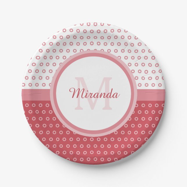 Mod Pink and White Polka Dots Monogram With Name Paper Plate (Front)