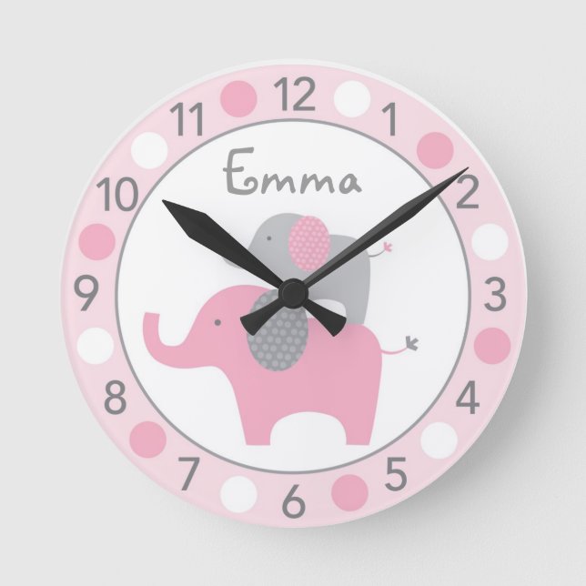 Mod Pink Elephant Personalised Nursery Wall Clock (Front)