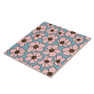 Mod Pink Flowers On Blue Ceramic Tile
