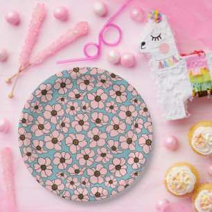 Mod Pink Flowers On Teal Blue Paper Plate