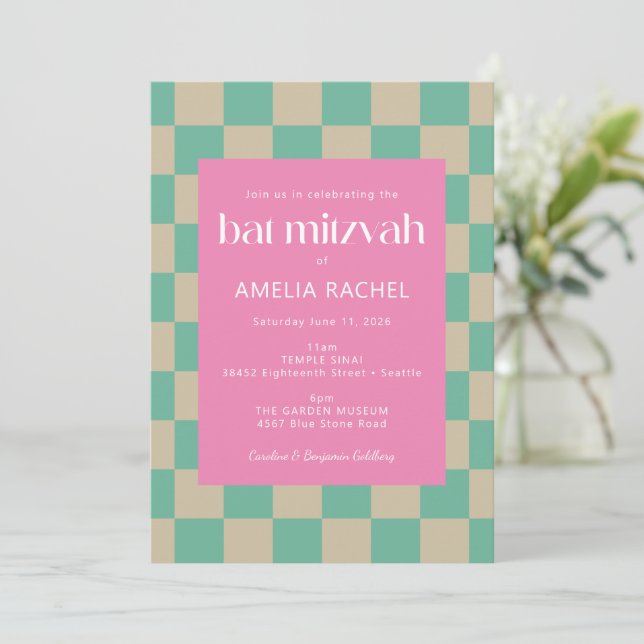 Mod Pink Mint Green Chequerboard Bat Mitzvah  Invitation (Standing Front)