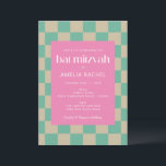 Mod Pink Mint Green Chequerboard Bat Mitzvah  Invitation<br><div class="desc">Mod Pink Mint Green Chequerboard Bat Mitzvah Invitation</div>