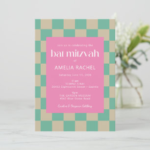 Mod Pink Mint Green Chequerboard Bat Mitzvah  Invitation