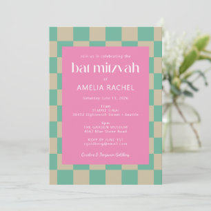 Mod Pink Mint Green Chequerboard Bat Mitzvah RSVP Invitation