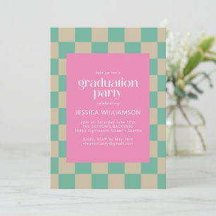 Mod Pink Mint Green Chequerboard Graduation Party Invitation