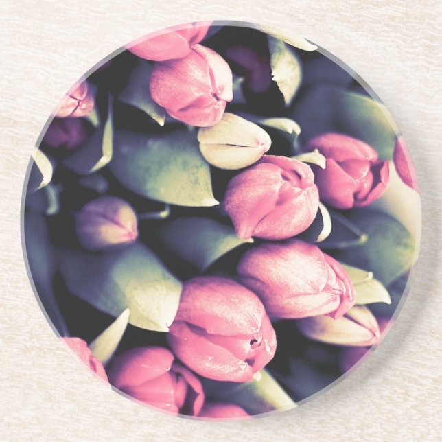 Mod Pink Tulips Round Decorative Coaster (Front)