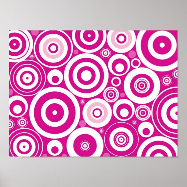 Mod Pink & White Concentric Retro Circles Poster (Front)