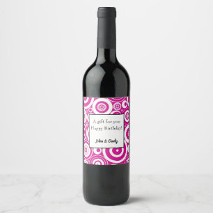 Mod Pink & White Concentric Retro Circles Wine Label