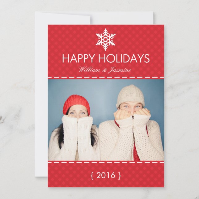 Mod Plaid Red Snowflake Holiday Flat Card (Front)