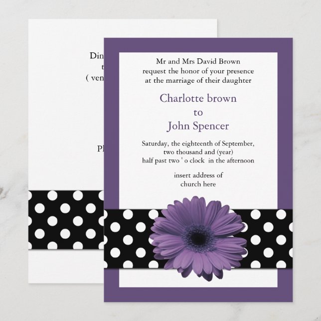mod polka dots violet gerbera daisy invitation (Front/Back)