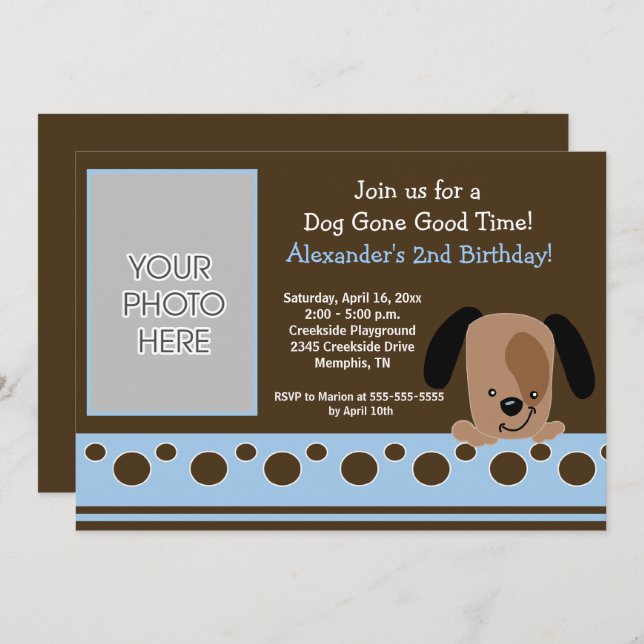 Mod Puppy Blue and Brown Birthday Invitation (Front/Back)