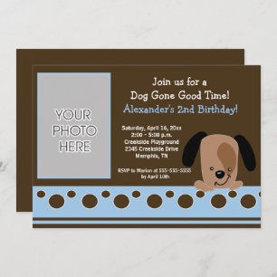 Mod Puppy Blue and Brown Birthday Invitation