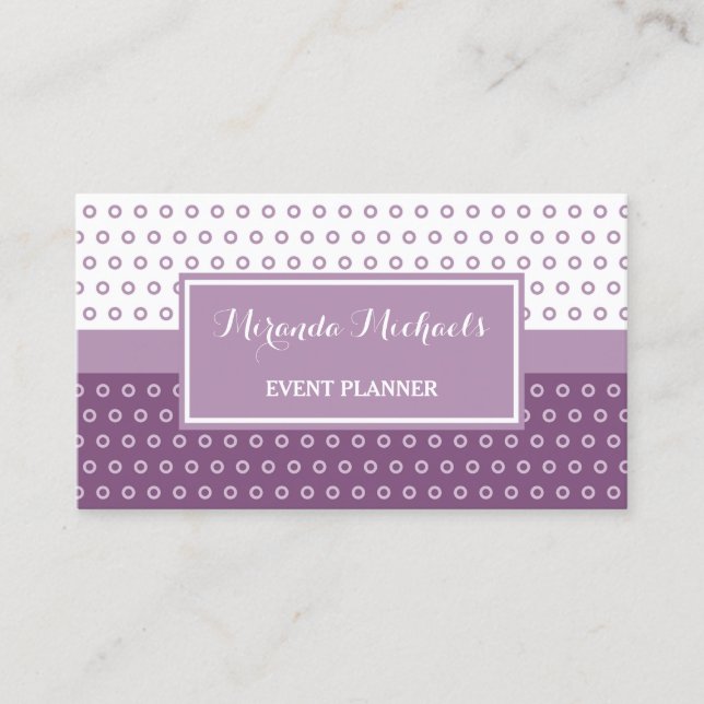 Mod Purple and White Polka Dots Event Planner Business Card (Front)