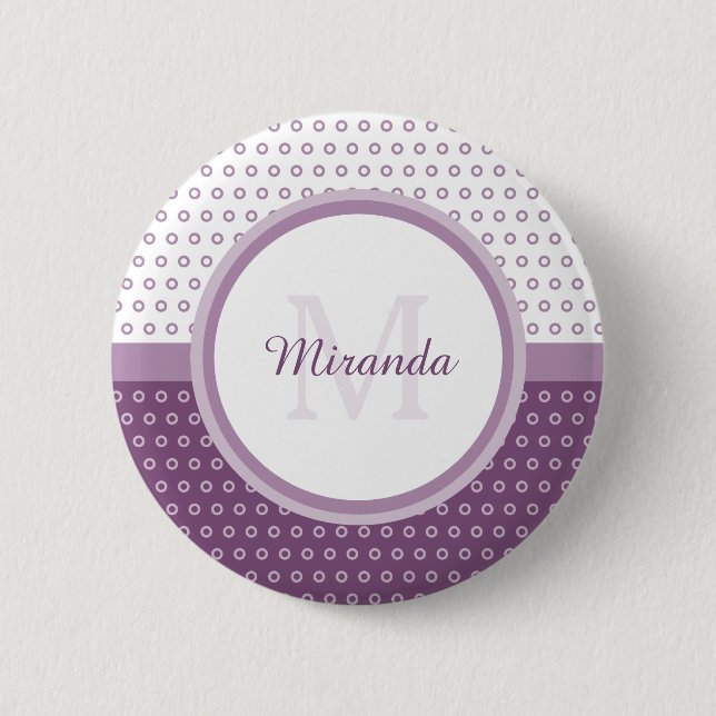 Mod Purple and White Polka Dots Monogram With Name 6 Cm Round Badge (Front)