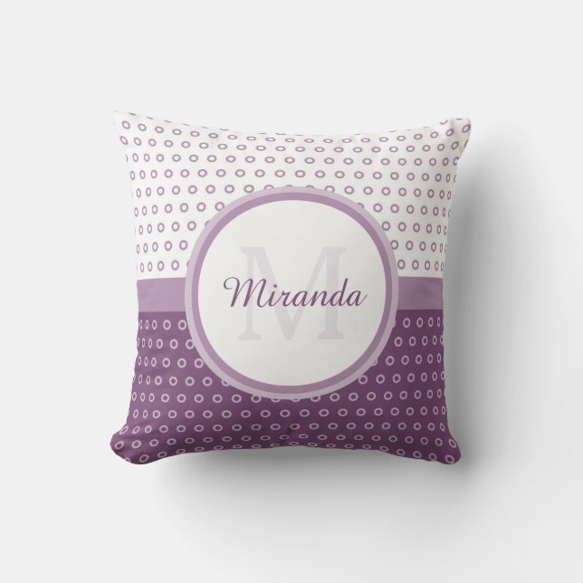Mod Purple and White Polka Dots Monogram With Name Cushion (Front)