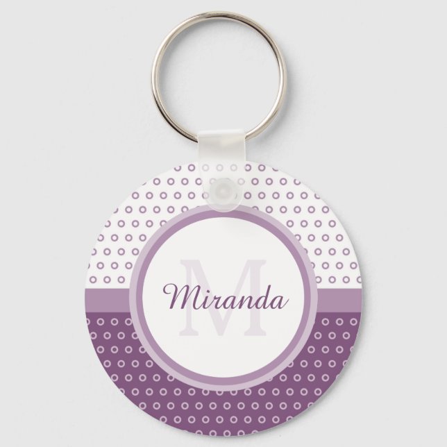 Mod Purple and White Polka Dots Monogram With Name Key Ring (Front)