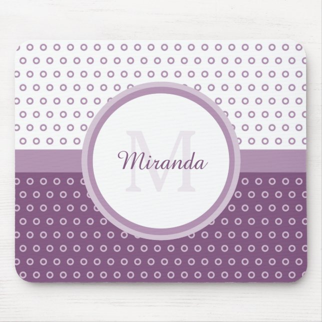 Mod Purple and White Polka Dots Monogram With Name Mouse Pad (Front)