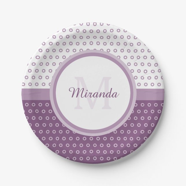 Mod Purple and White Polka Dots Monogram With Name Paper Plate (Front)