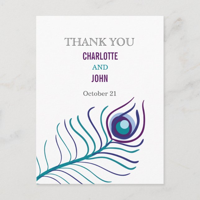 Mod purple, teal blue peacock Thank You notes Postcard (Front)
