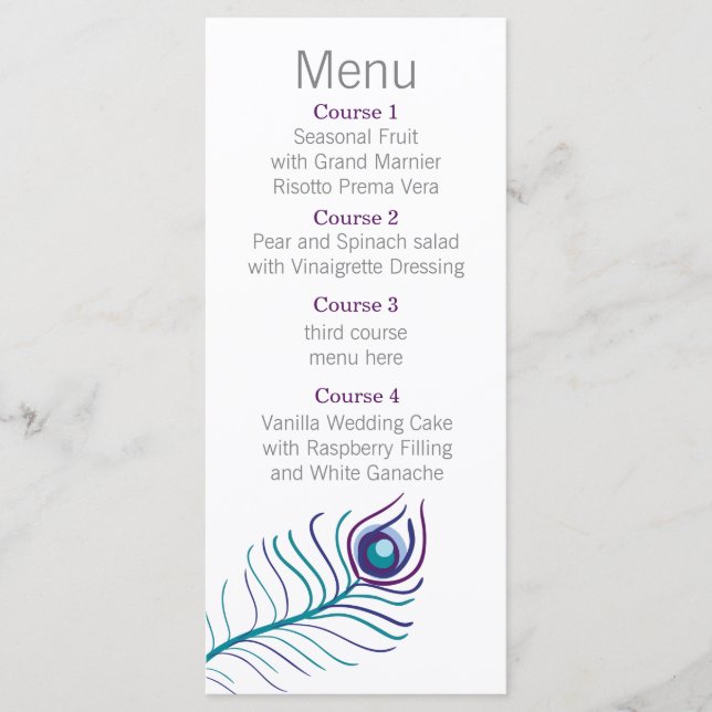 Mod purple, teal blue peacock Wedding menu (Front)