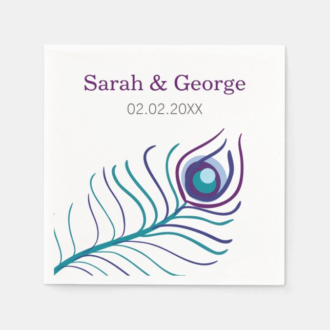Mod purple, teal blue peacock wedding napkin (Front)