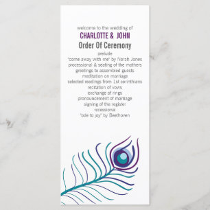 Mod purple, teal blue peacock wedding programs