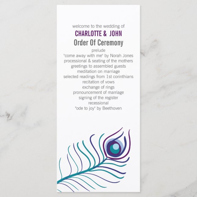 Mod purple, teal blue peacock wedding programs (Front)