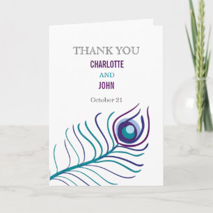 Mod purple, teal blue peacock wedding Thank You