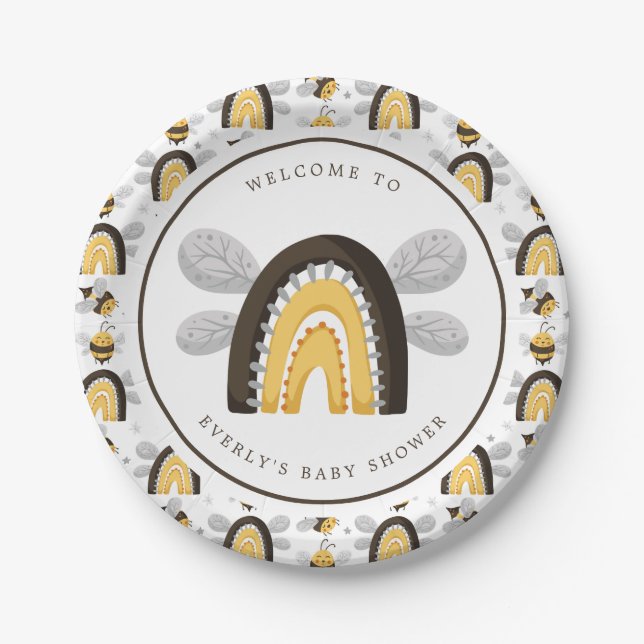 Mod Rainbow Bumblebee Bee Baby Shower Paper Plate (Front)