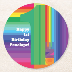 Mod Rainbow Colourful 1st Birthday Party Round Paper Coaster