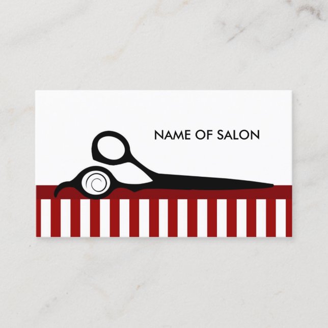 Mod Red White Barber Stripes Hair Salon Scissors Business Card (Front)