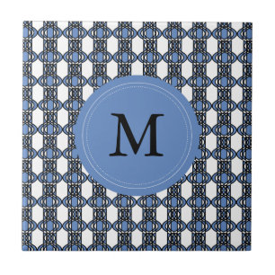 Mod Retro Monogram Blue Abstract Scarab Pattern Ceramic Tile