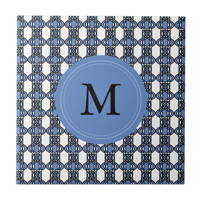 Mod Retro Monogram Blue Abstract Scarab Pattern Ceramic Tile (Front)