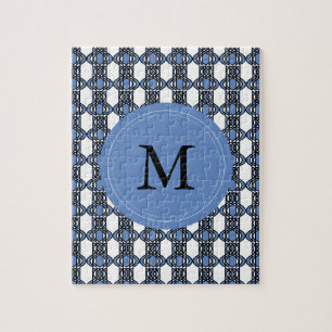 Mod Retro Monogram Blue Abstract Scarab Pattern Jigsaw Puzzle