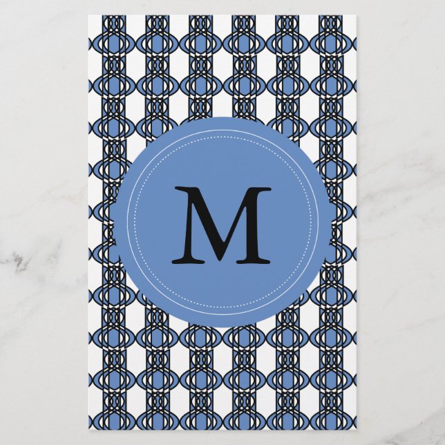 Mod Retro Monogram Blue Abstract Scarab Pattern Stationery (Front)