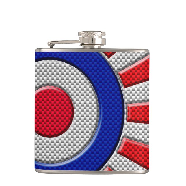 Mod Roundel Asian Sunburst in Carbon Fibre Style Hip Flask (Front)